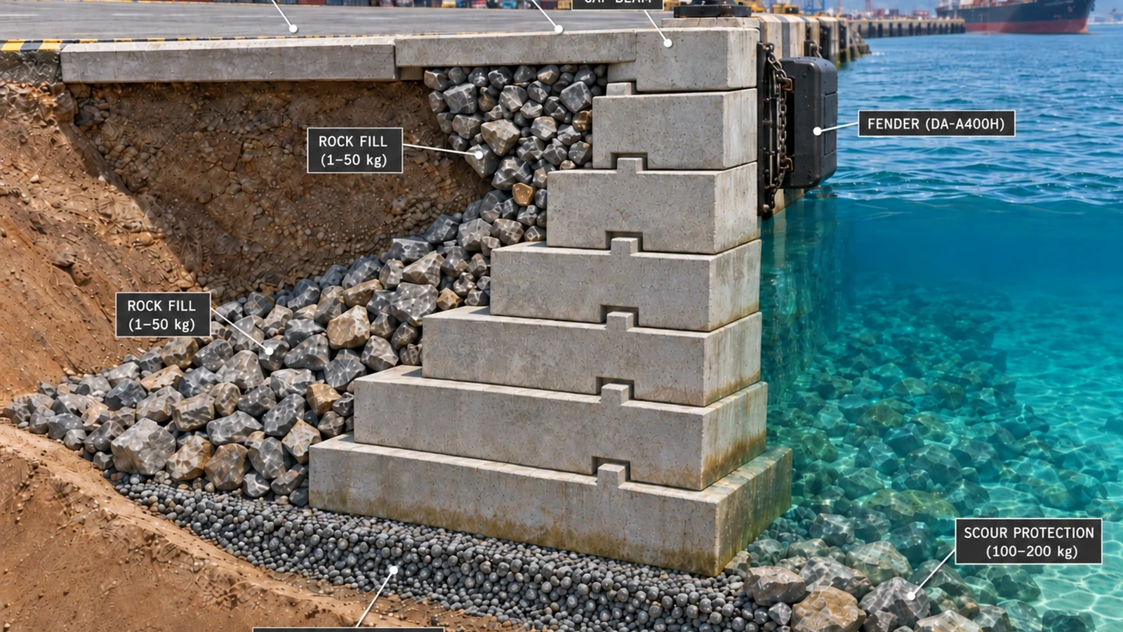 Stepped gravity block quay wall with shear-keyed joints