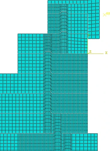 Close-up finite-element mesh around stepped shear-keyed interfaces