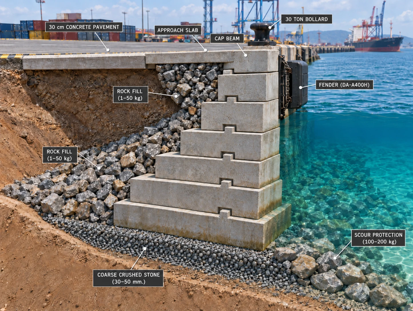 Stepped gravity block quay wall with visible shear-keyed joints