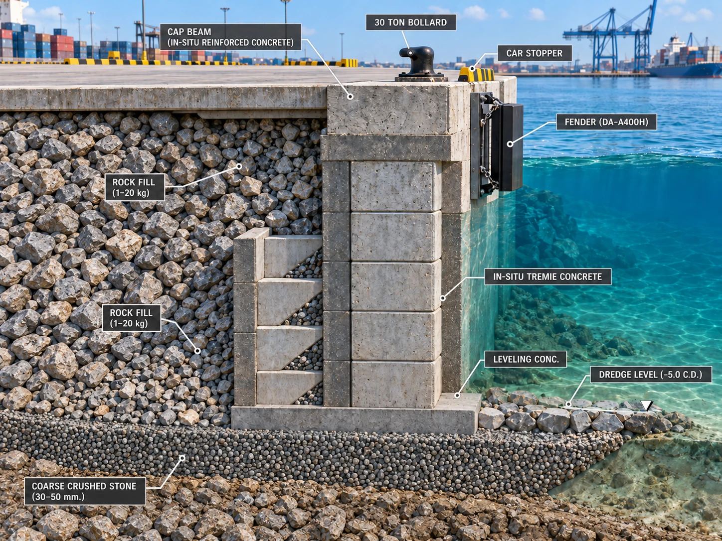 Vertical-faced gravity block quay wall with landward cellular block arrangement