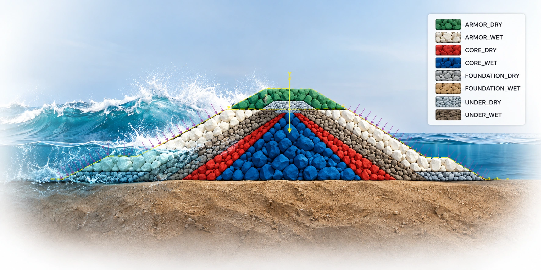 Illustrated material zones used to represent the breakwater and foundation