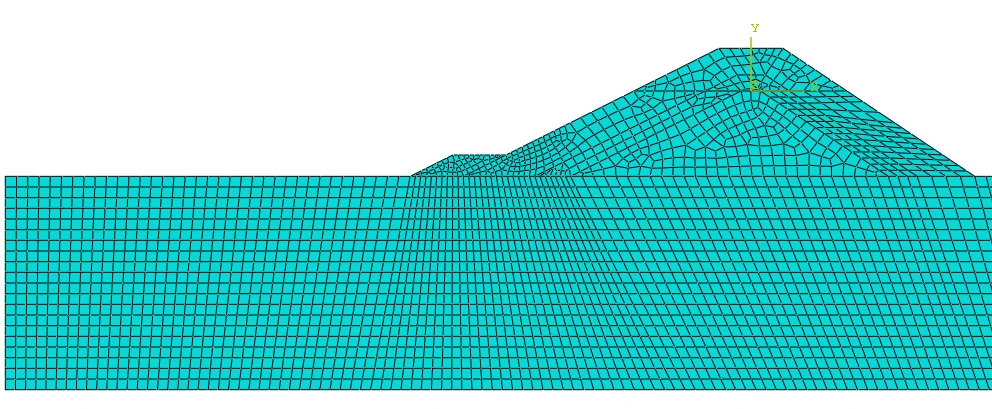 Finite-element mesh showing breakwater slope and toe region